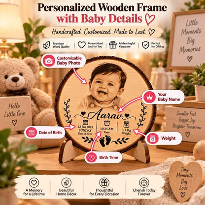 Custom Name - Round Wooden Photo Frame with Baby Details