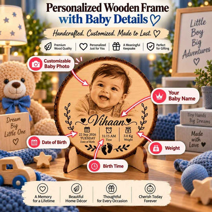 Custom Name - Round Wooden Photo Frame with Baby Details
