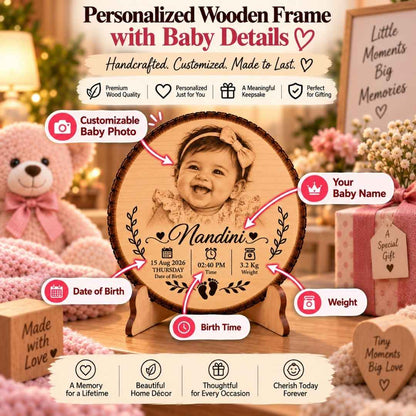 Custom Name - Round Wooden Photo Frame with Baby Details