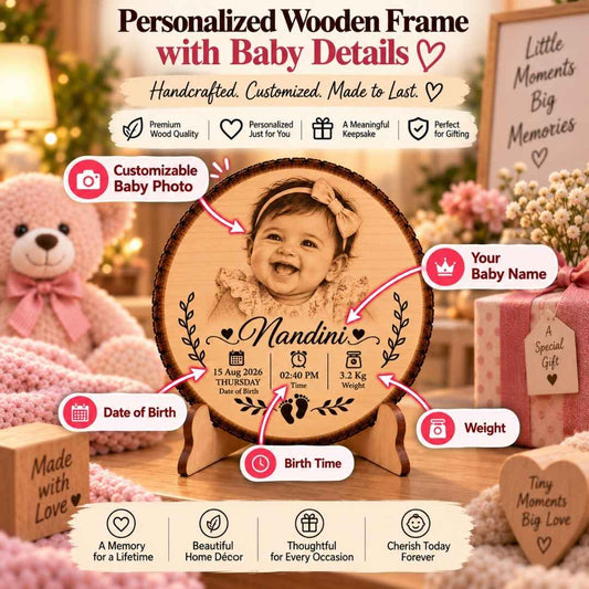 Custom Name - Round Wooden Photo Frame with Baby Details