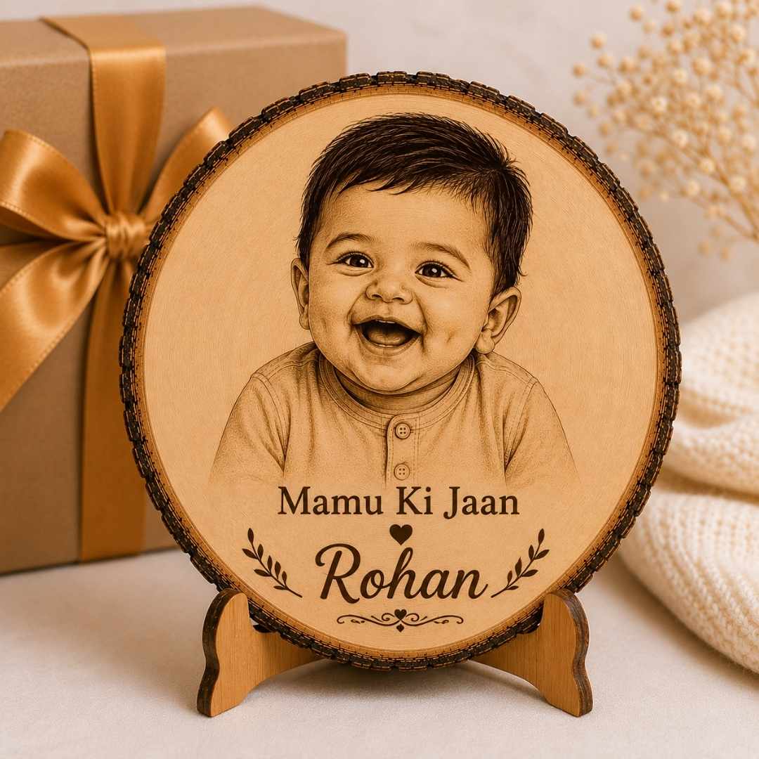Custom Name - Round Wooden Photo Frame with Photo & Message