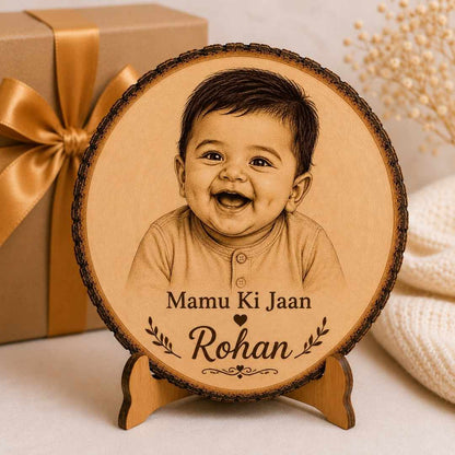 Custom Name - Round Wooden Photo Frame with Photo & Message