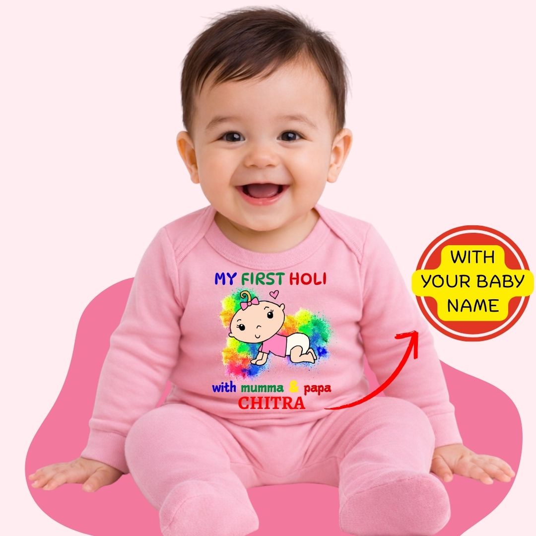 Custom Name - My First Holi with Mumma & Papa Baby Full Romper
