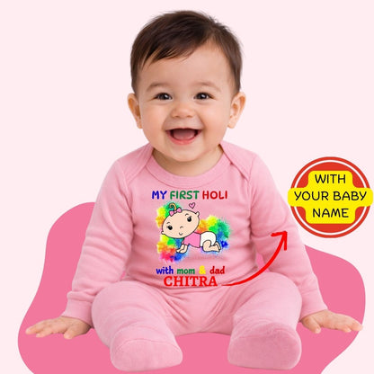 Custom Name - My First Holi with Mom & Dad Baby Full Romper