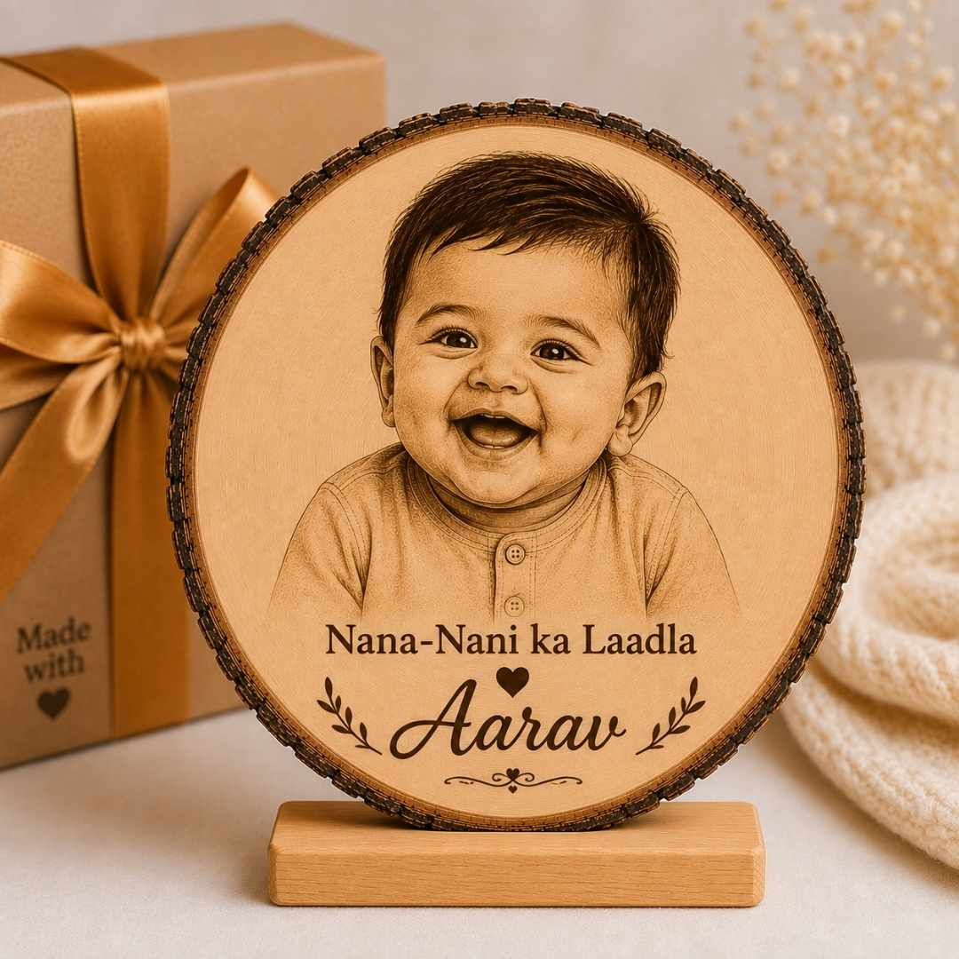 Custom Name - Round Wooden Photo Frame with Photo & Message