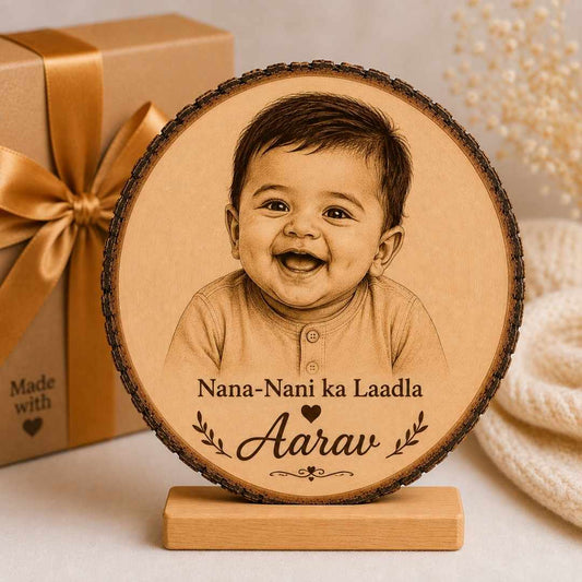 Custom Name - Round Wooden Photo Frame with Photo & Message