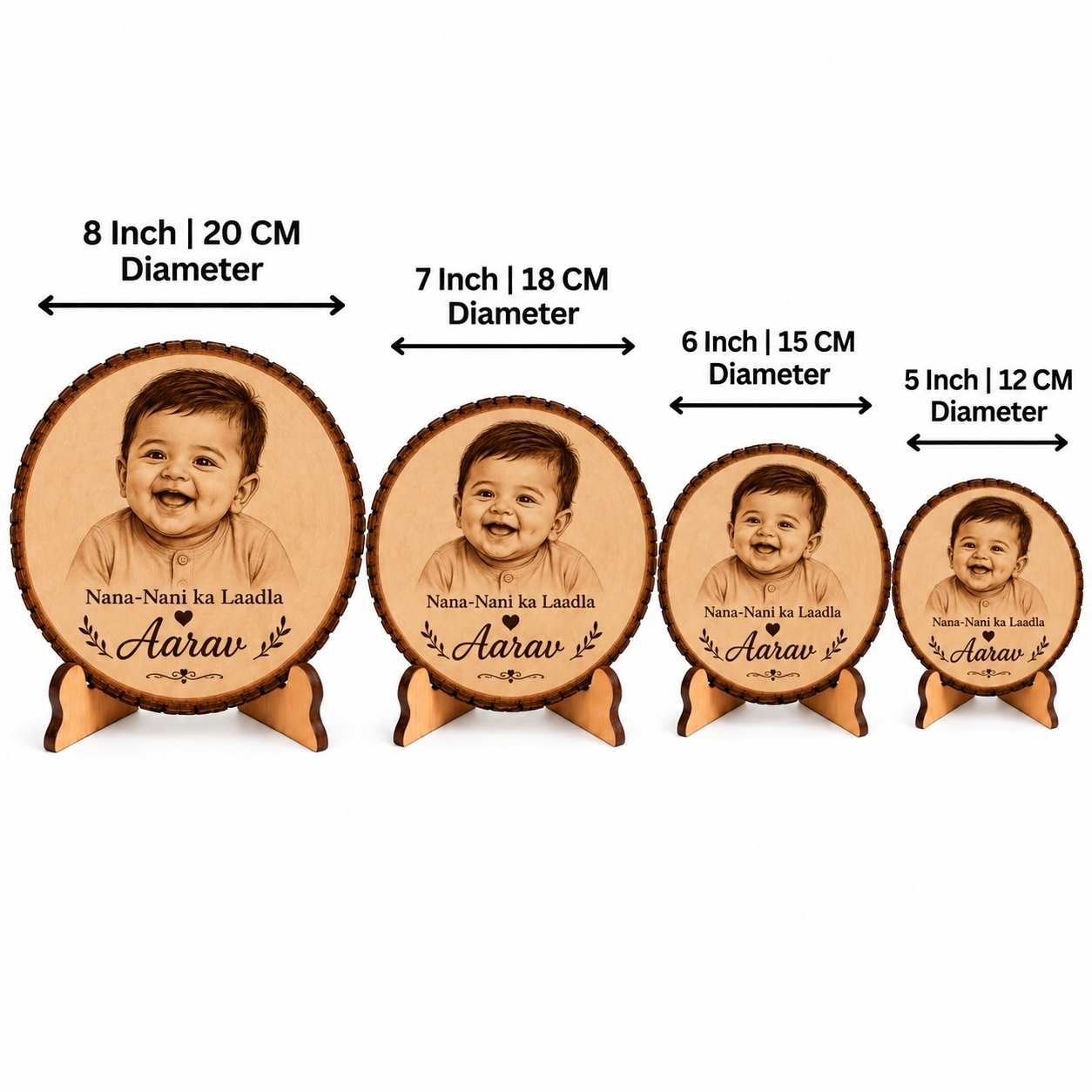 Custom Name - Round Wooden Photo Frame with Photo & Message