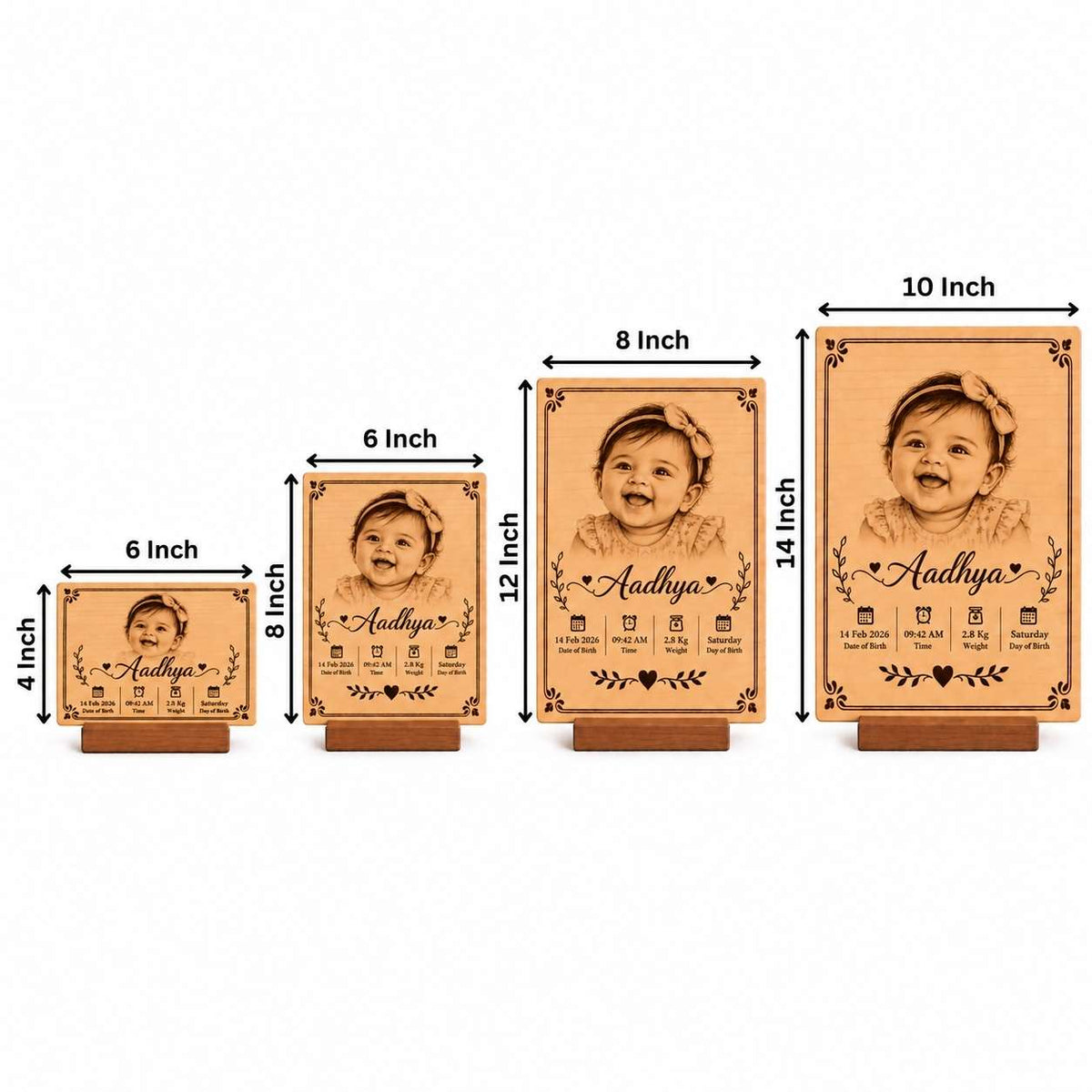 Custom Name - Rectangular Wooden Photo Frame with Baby Details