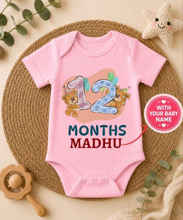 Custom Name - 12 Month Teddy Print Baby Outfit
