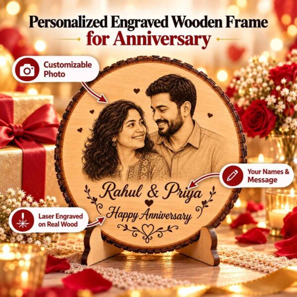 Personalized engraved round wooden photo frame for anniversary couple