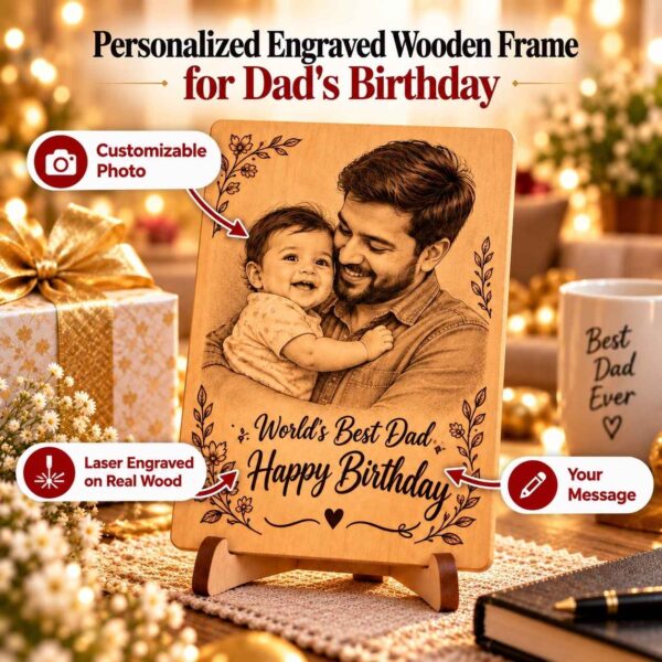 Personalized engraved wooden photo frame for Dad birthday World Best Dad