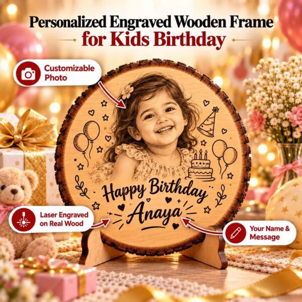 Personalized engraved round wooden photo frame for kids birthday girl